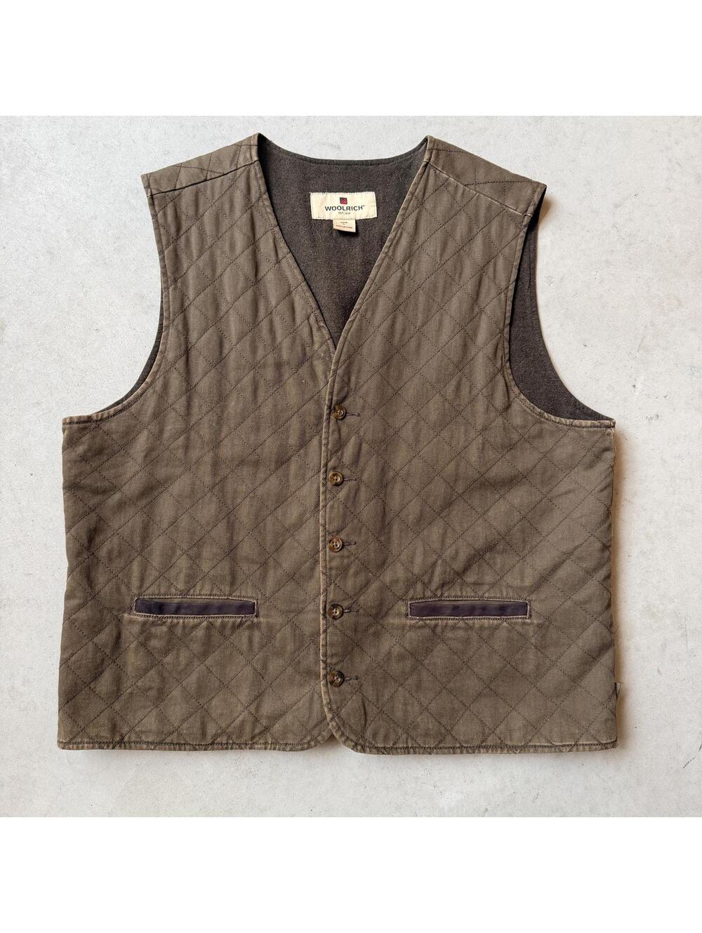 Mens Large WOOLRICH Brown Quilted Buckle Back Button Up Vest with Fleece Lining